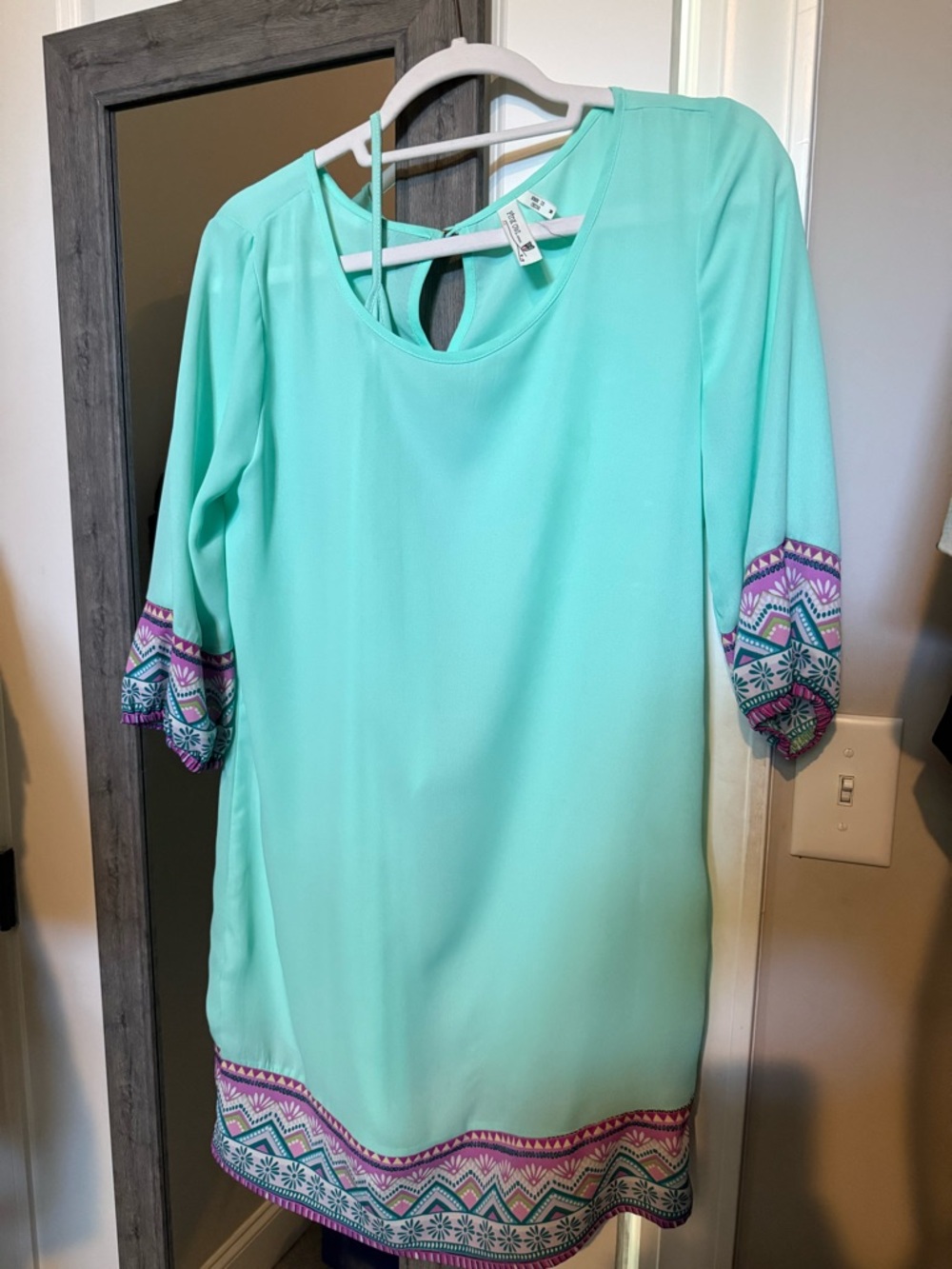 Pink Owl Mint Shift Dress with Multicolor Embroidered Trim